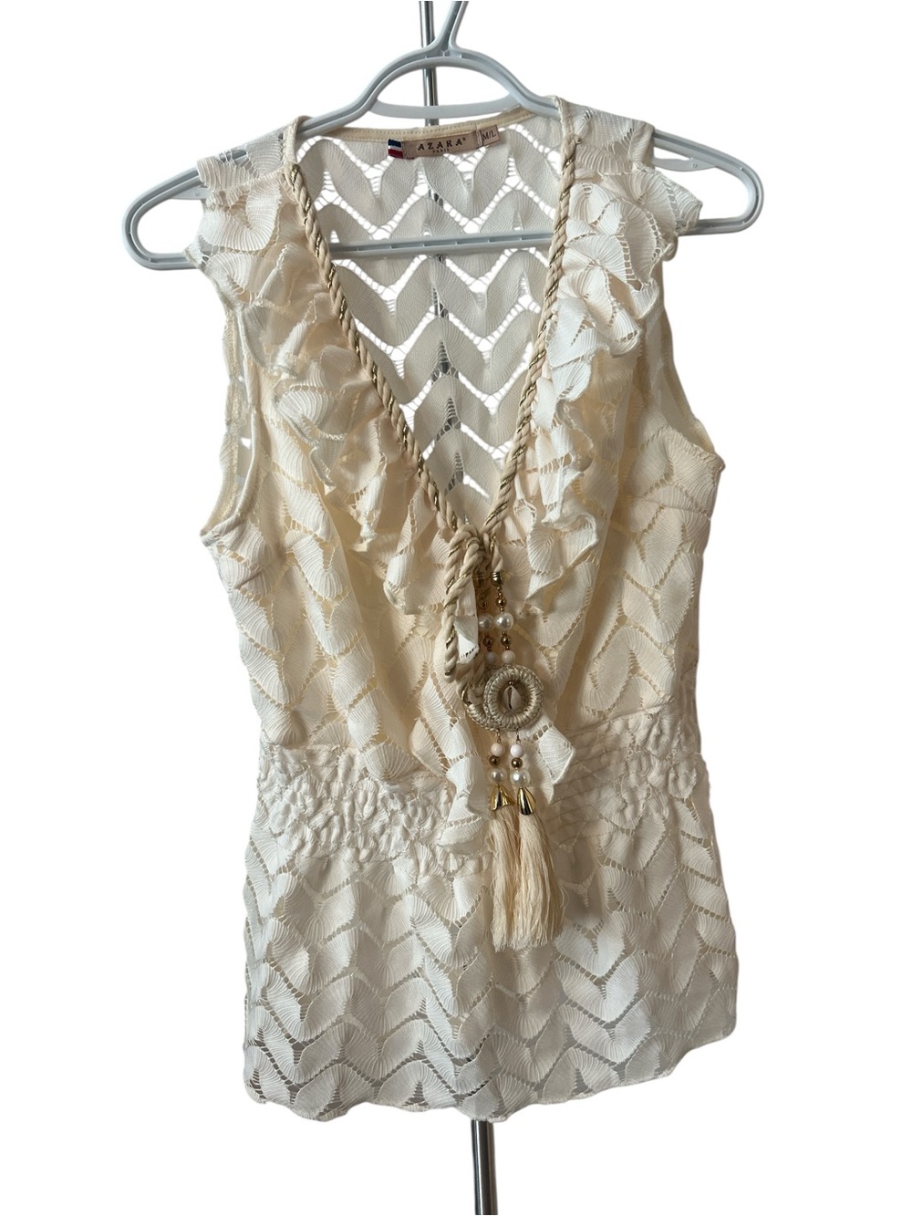 Azara paris Cream Crochet Tassel V-Neck Top
